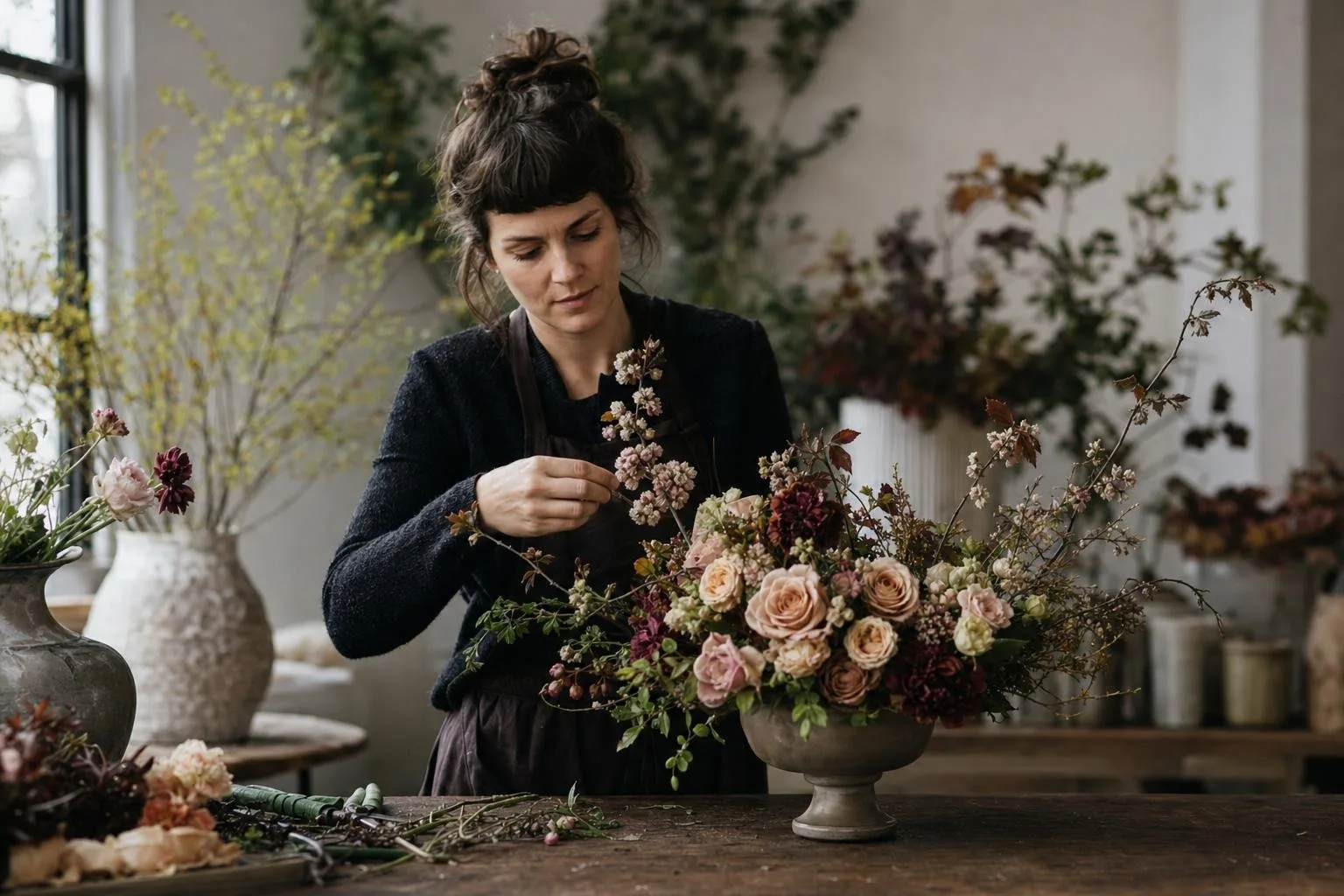 Hands tying a seasonal bouquet at a florist's worktable